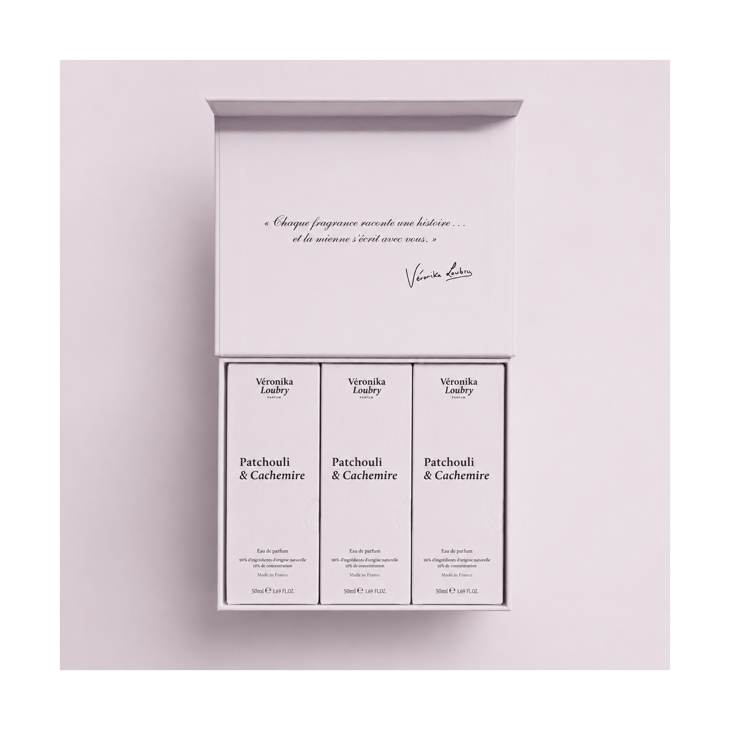 Coffret Trio 3 x 50ml – 3 parfum Patchouli & cachemire | Véronika Loubry Parfum